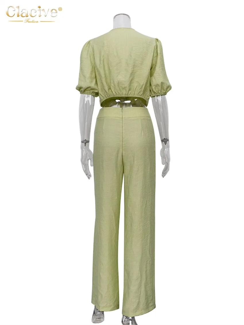 Summer Puff Sleeve Shirts Set Woman 2 Piece Casual High Waist Wide Trouser Suits Female Vintage Loose Green Pants Set