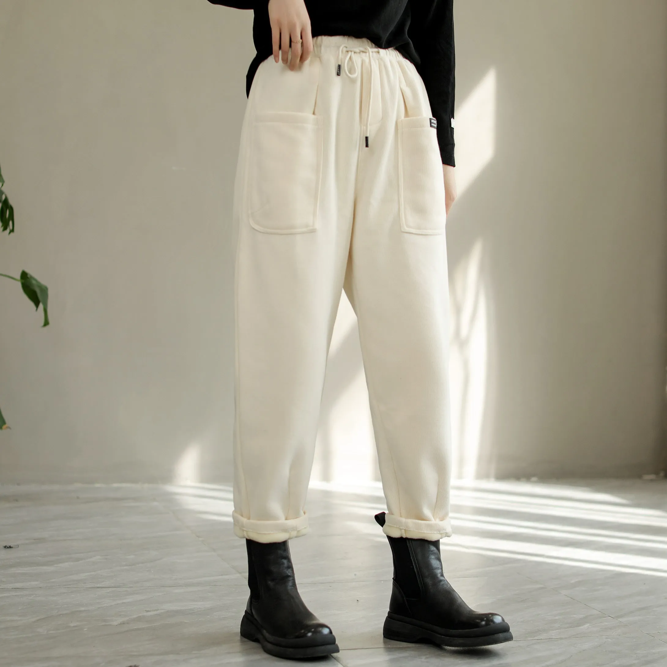 Women Winter Cotton Furred Solid Pants