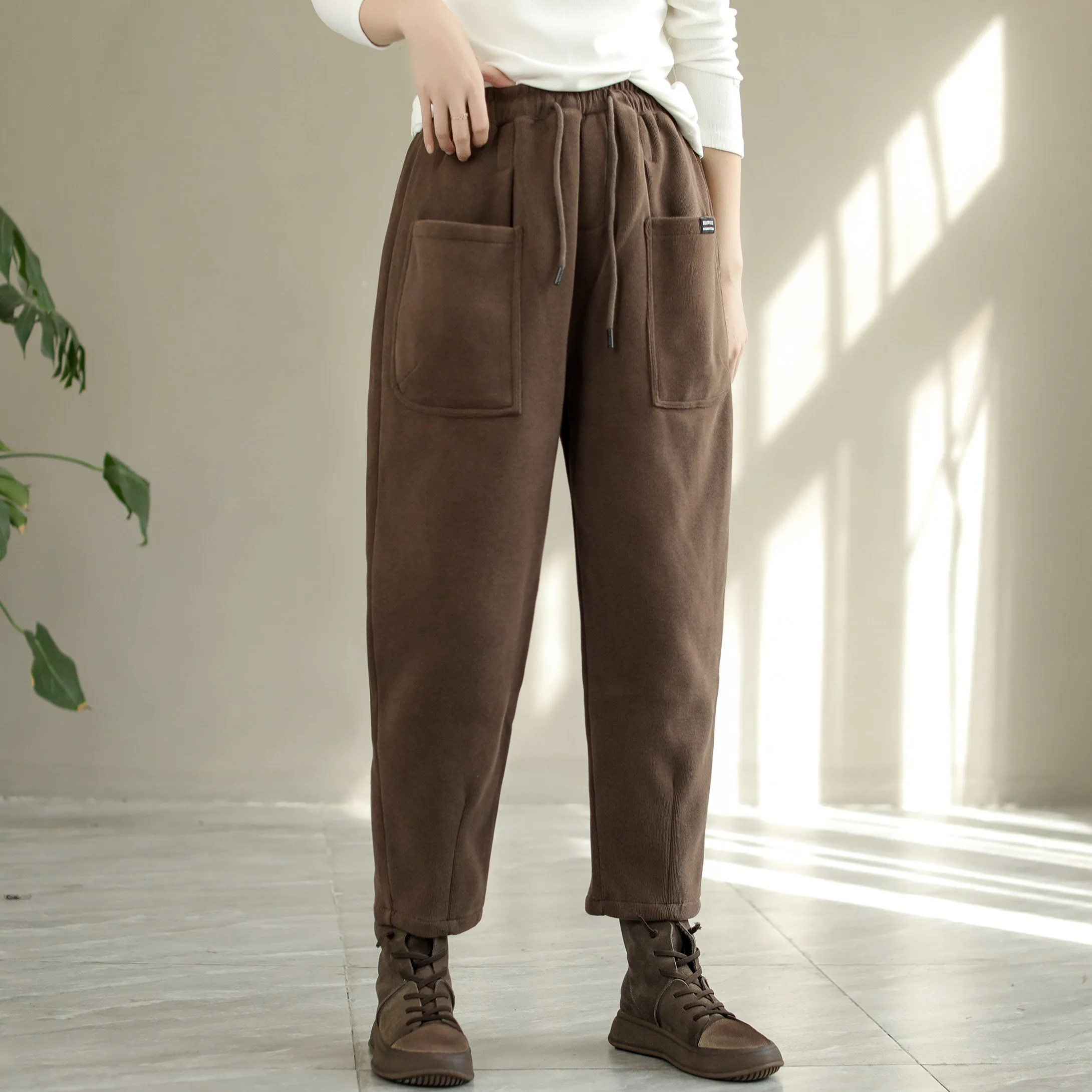 Women Winter Cotton Furred Solid Pants