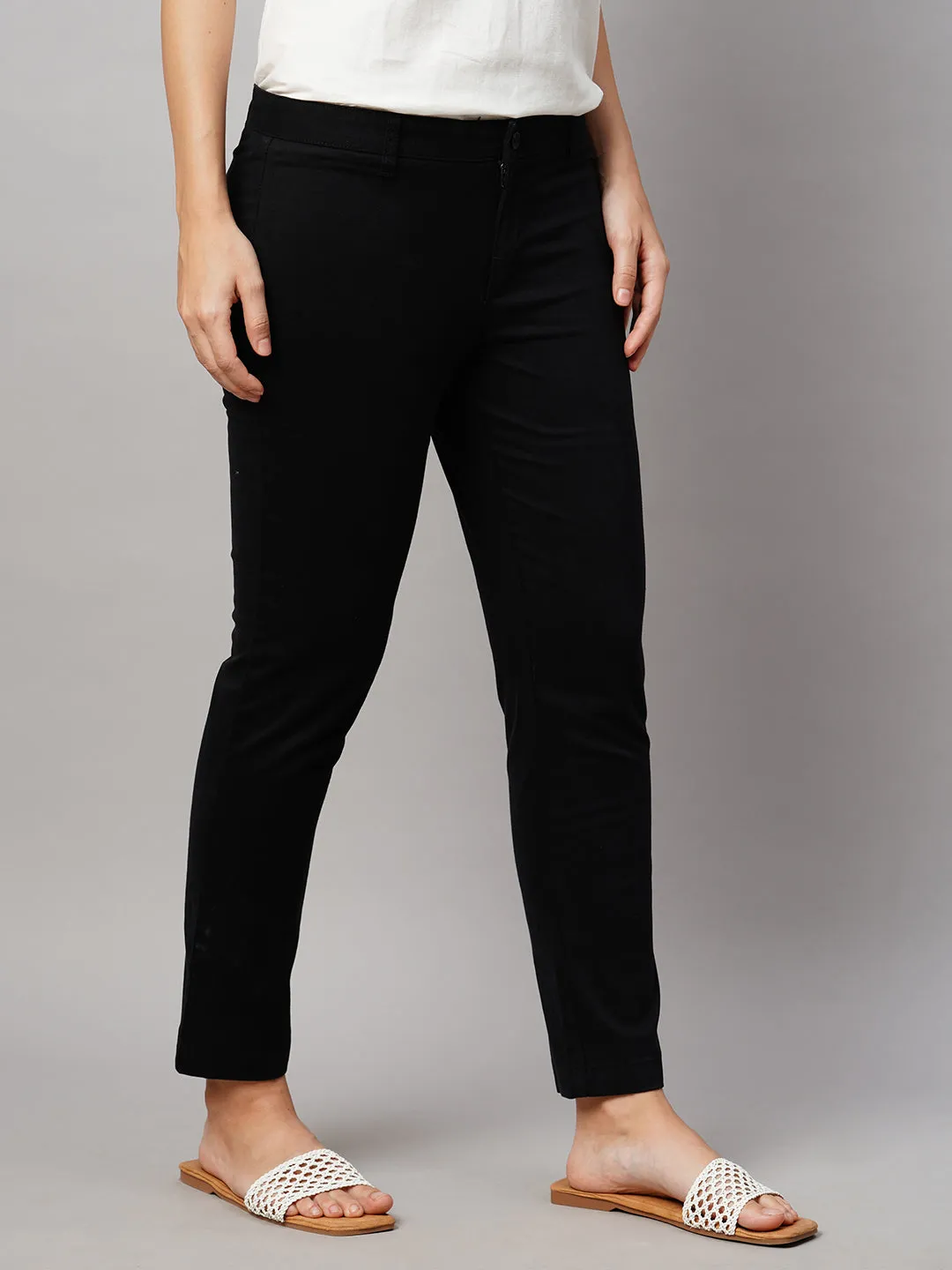 Women's Black Cotton Lycra Regular Fit Pant