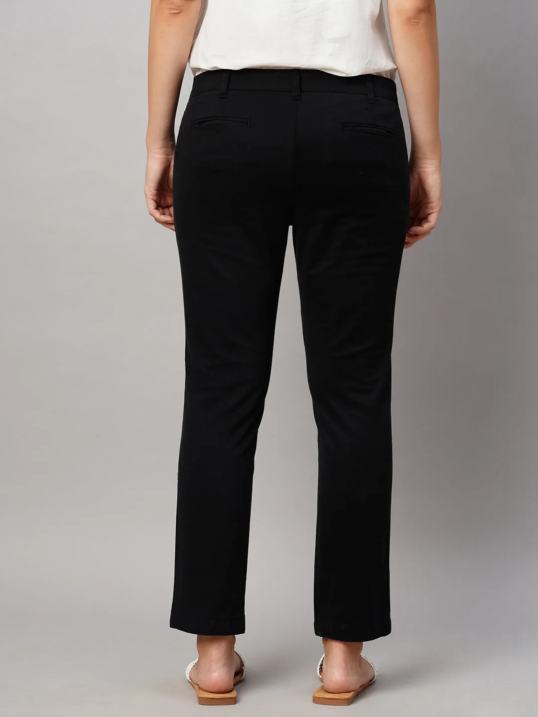 Women's Black Cotton Lycra Regular Fit Pant