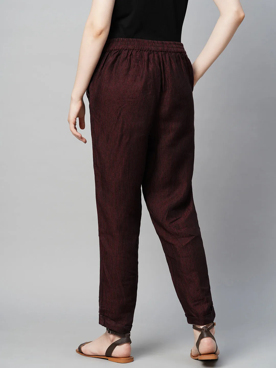 Women's Maroon Linen Regular Fit Pant