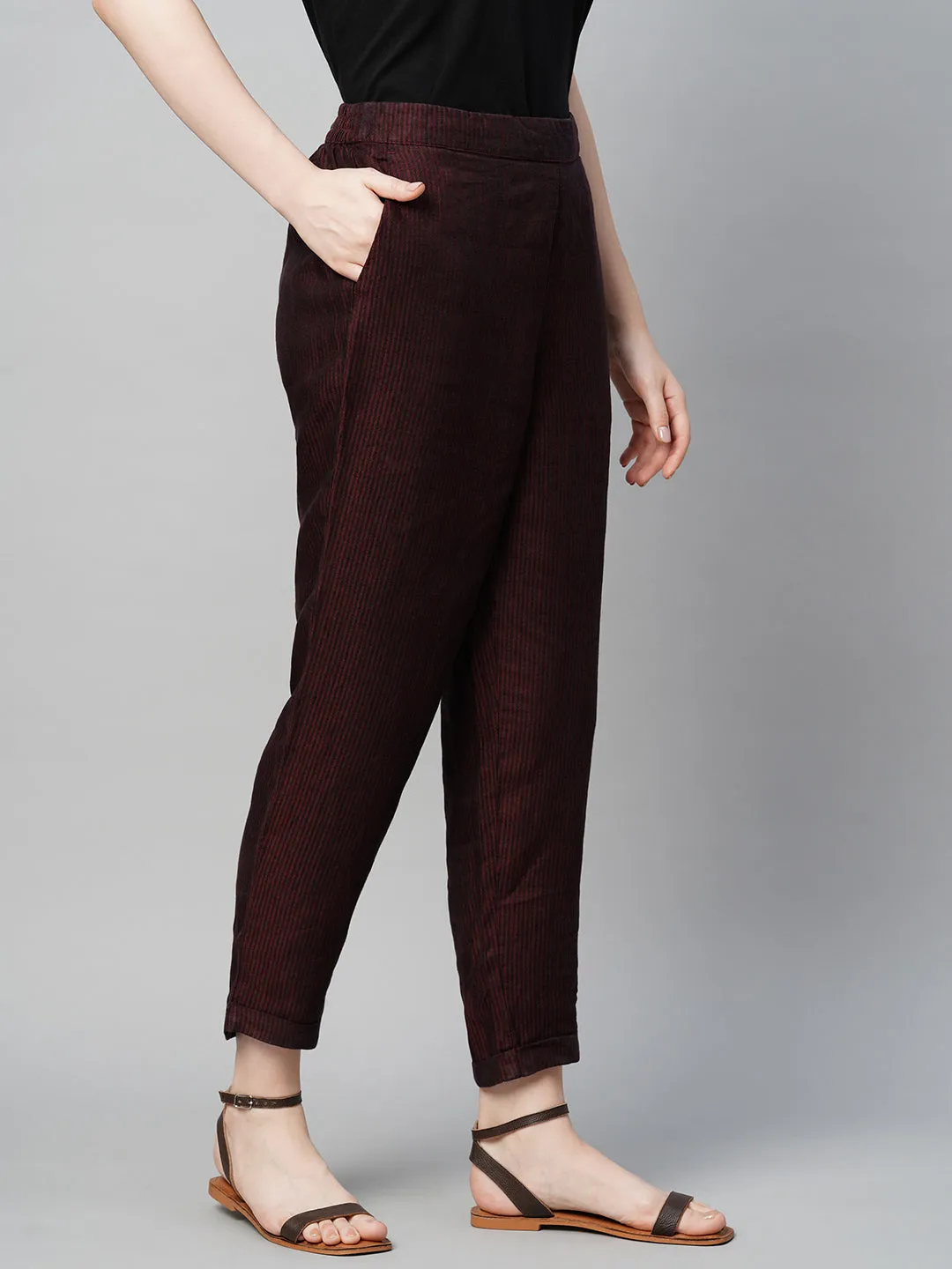 Women's Maroon Linen Regular Fit Pant