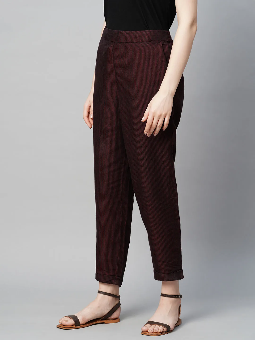 Women's Maroon Linen Regular Fit Pant