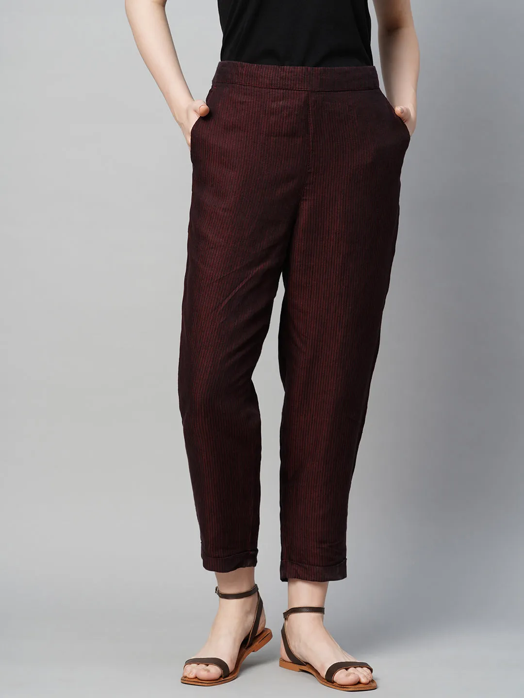 Women's Maroon Linen Regular Fit Pant