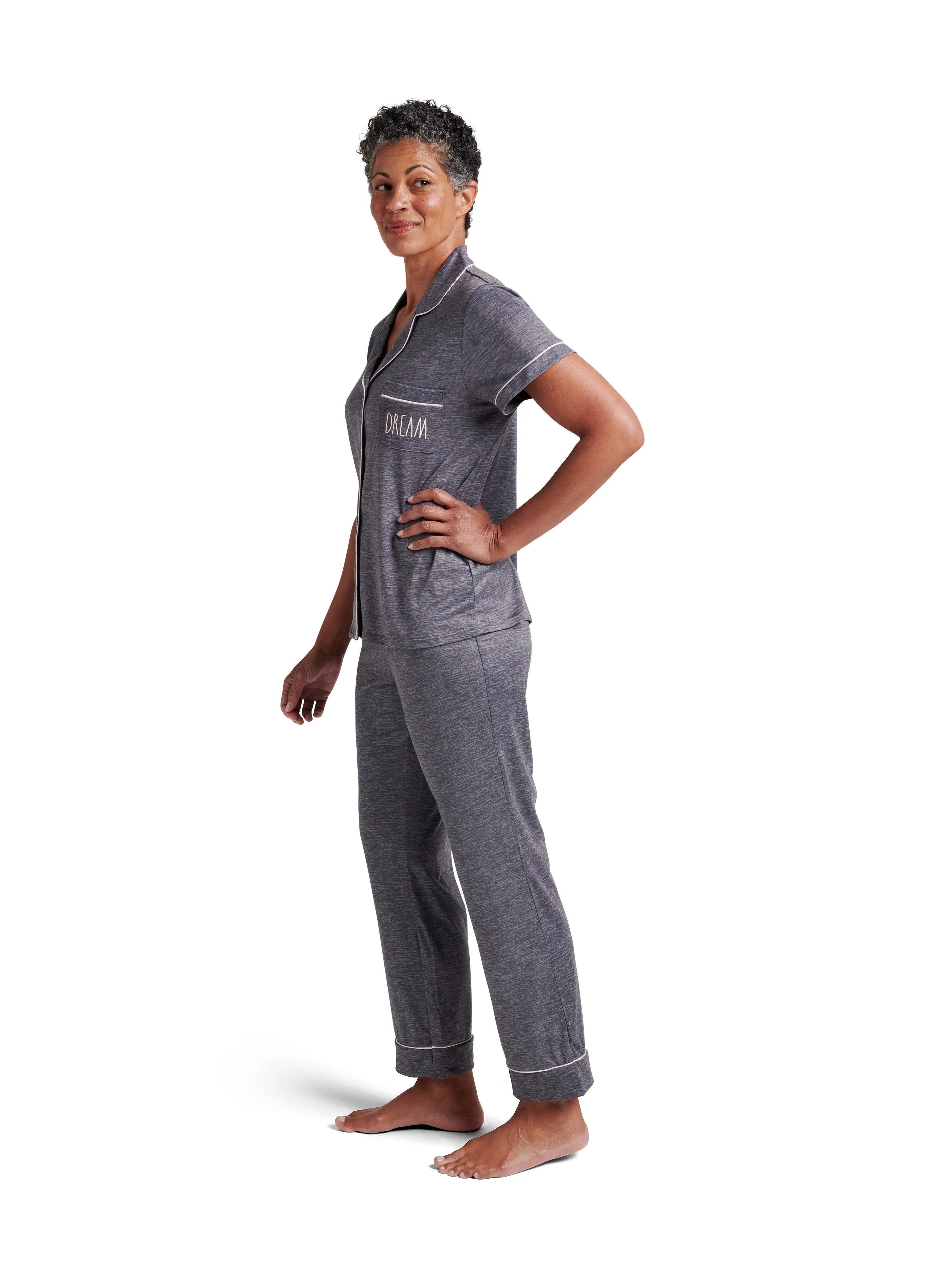 Women's "DREAM" Short Sleeve Notch Collar Top and Pant Pajama Set