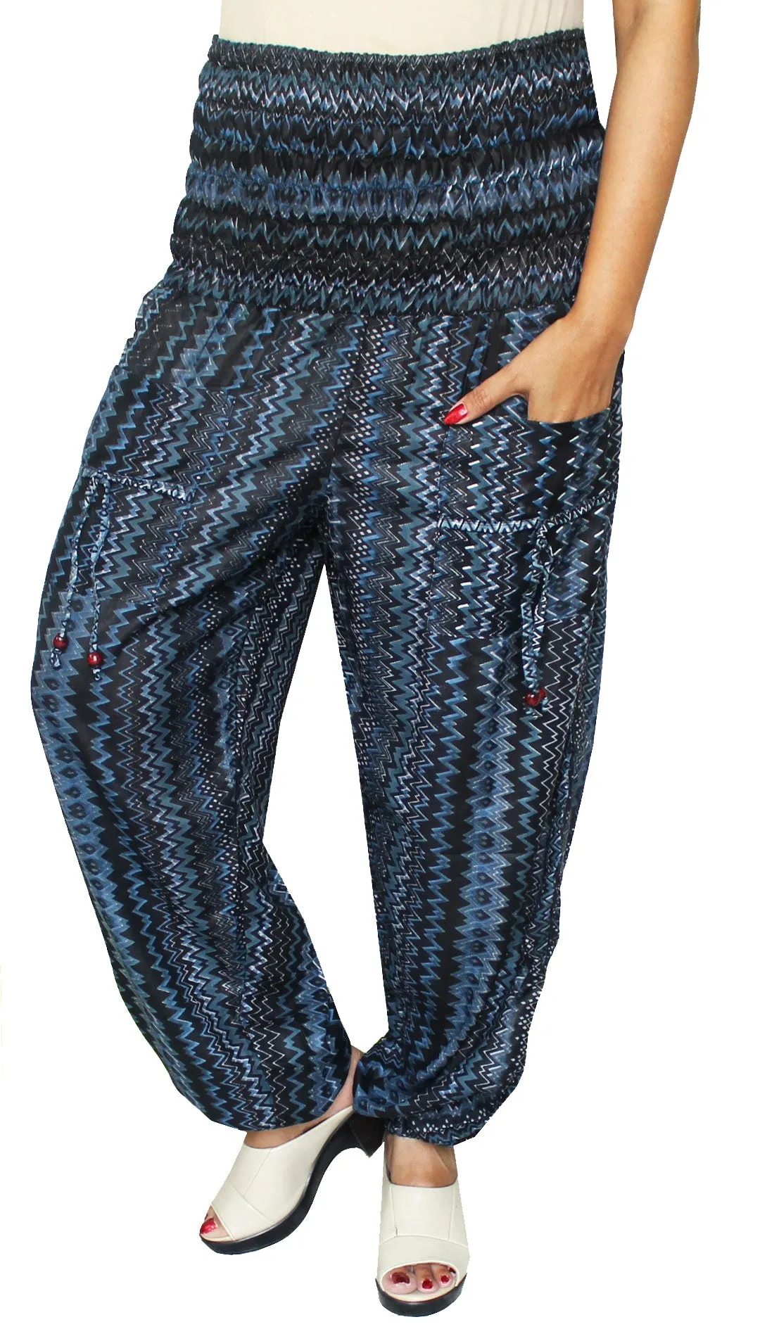 Womens Rayon Smocked Waist Hippie Harem Pants (Black)