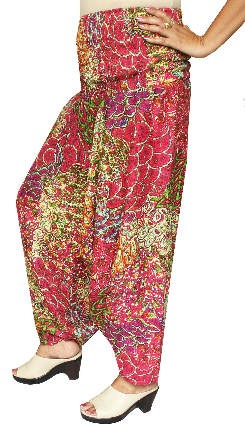 Womens Smocked Waist Hippie Rayon Harem Pants (Pink)