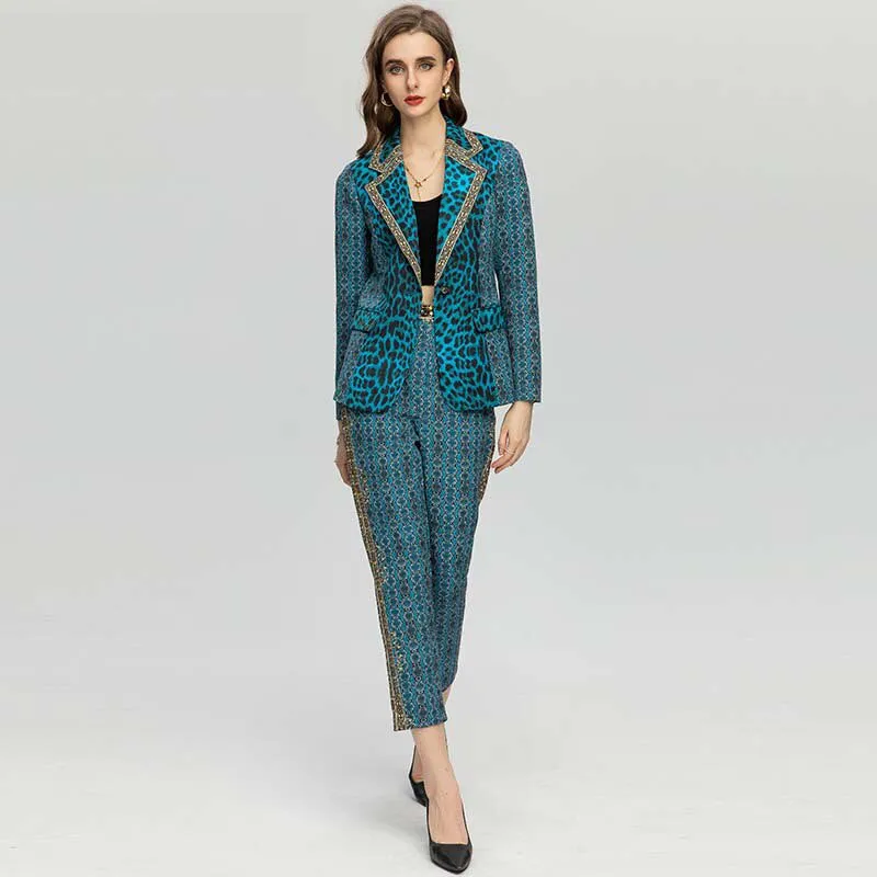 Women's Vintage Blue Leopard Jacket Coat   High waist Pants 2 Piece Suit