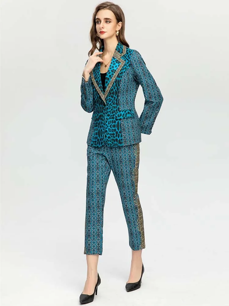 Women's Vintage Blue Leopard Jacket Coat   High waist Pants 2 Piece Suit