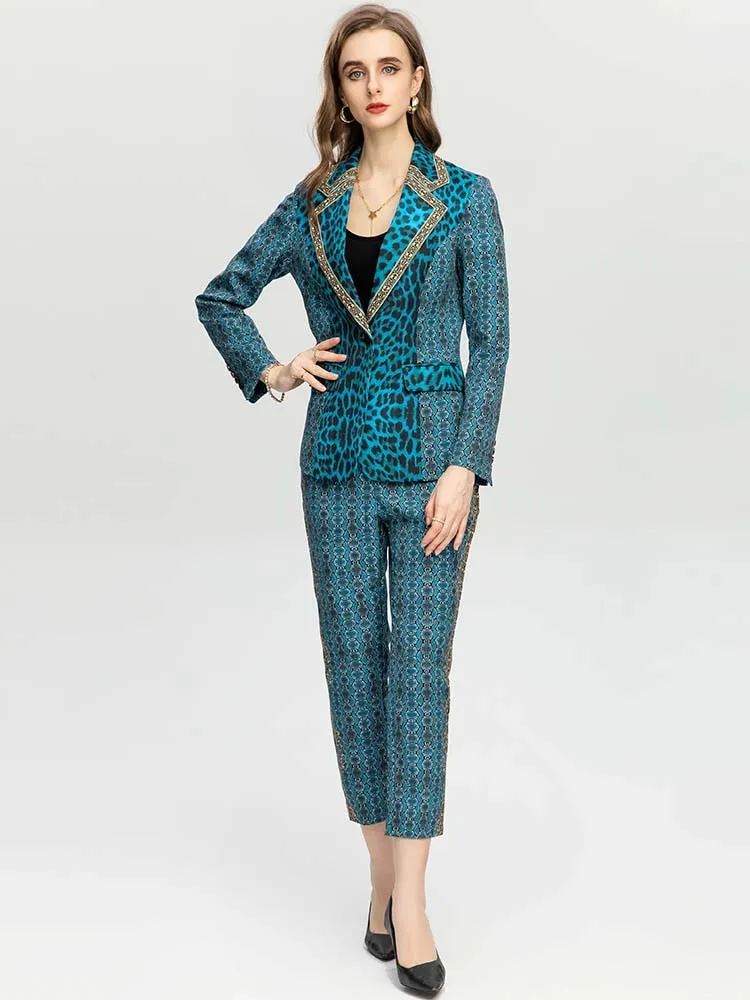 Women's Vintage Blue Leopard Jacket Coat   High waist Pants 2 Piece Suit