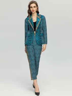 Women's Vintage Blue Leopard Jacket Coat   High waist Pants 2 Piece Suit