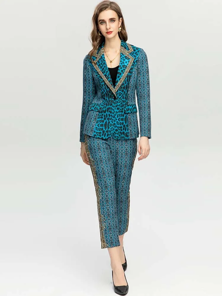 Women's Vintage Blue Leopard Jacket Coat   High waist Pants 2 Piece Suit