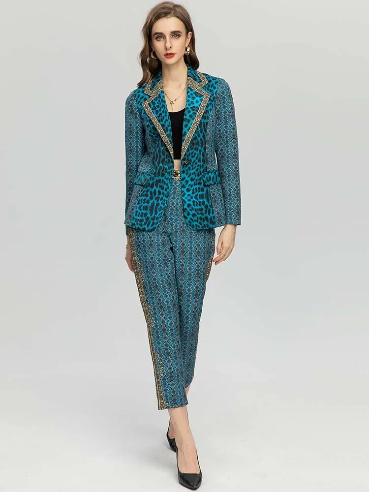 Women's Vintage Blue Leopard Jacket Coat   High waist Pants 2 Piece Suit