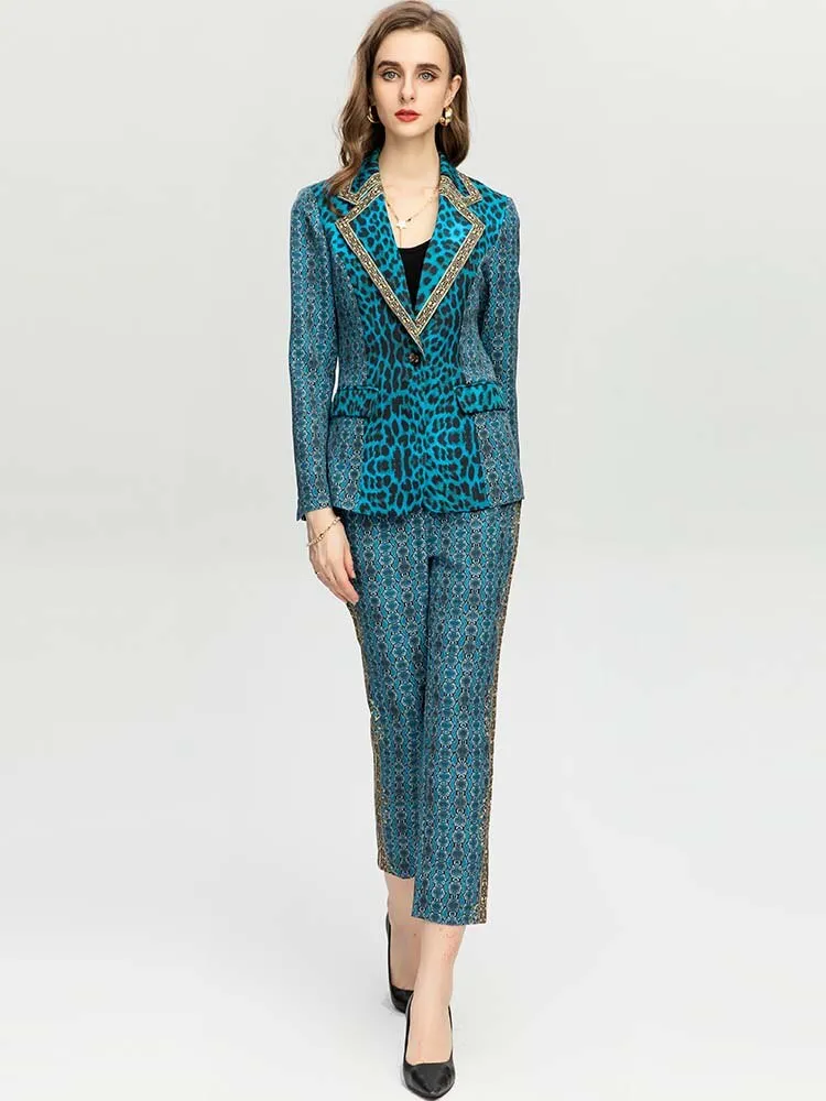 Women's Vintage Blue Leopard Jacket Coat   High waist Pants 2 Piece Suit