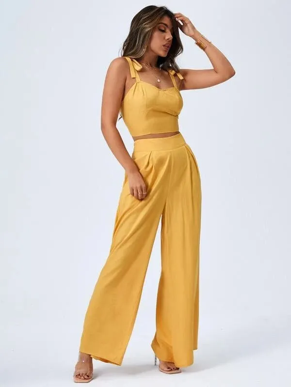 Yellow Two Piece Open Back Suspender Top with High Rise Wide Leg Pants